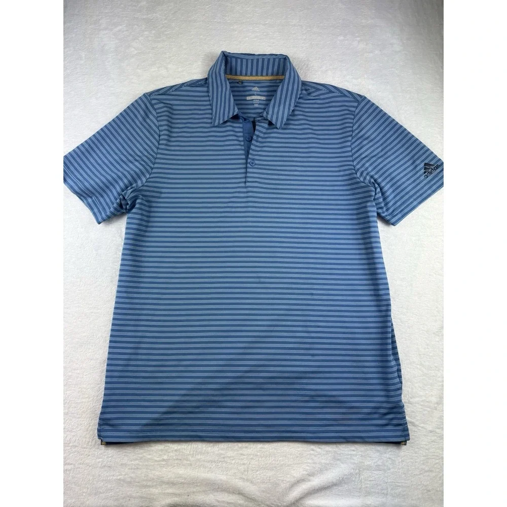 Adidas Golf Polo Mens Large Blue Striped Performance Short Sleeve Stretch EUC